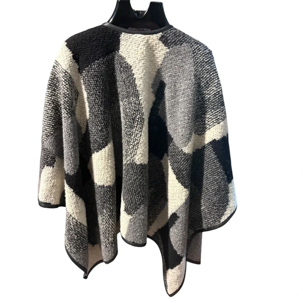 BCBG Maxazria Wool Blend Shawl Wrap Vegan Leather Trim Black White Grey One Size